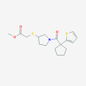 molecular formula C17H23NO3S2 B2601261 Methyl 2-((1-(1-(thiophen-2-yl)cyclopentanecarbonyl)pyrrolidin-3-yl)thio)acetate CAS No. 2034577-52-9