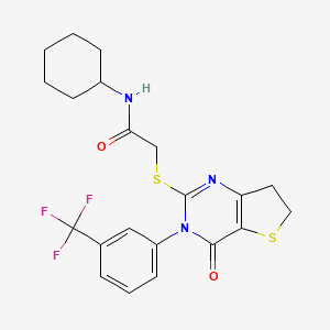 molecular formula C21H22F3N3O2S2 B2601391 N-cyclohexyl-2-((4-oxo-3-(3-(trifluoromethyl)phenyl)-3,4,6,7-tetrahydrothieno[3,2-d]pyrimidin-2-yl)thio)acetamide CAS No. 894013-33-3
