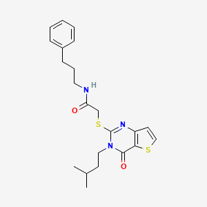 molecular formula C22H27N3O2S2 B2601394 2-{[3-(3-甲基丁基)-4-氧代-3,4-二氢噻吩并[3,2-d]嘧啶-2-基]硫代}-N-(3-苯基丙基)乙酰胺 CAS No. 1252863-89-0