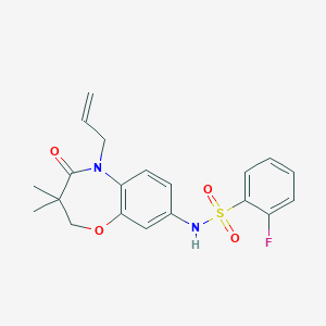 molecular formula C20H21FN2O4S B2601517 N-(5-烯丙基-3,3-二甲基-4-氧代-2,3,4,5-四氢苯并[b][1,4]恶二杂环-8-基)-2-氟苯磺酰胺 CAS No. 922048-87-1