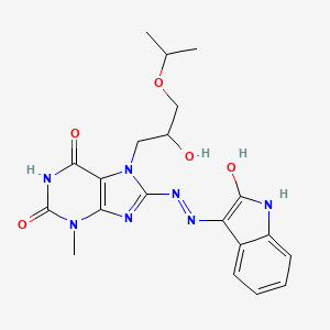 molecular formula C20H23N7O5 B2601573 (E)-7-(2-hydroxy-3-isopropoxypropyl)-3-methyl-8-(2-(2-oxoindolin-3-ylidene)hydrazinyl)-1H-purine-2,6(3H,7H)-dione CAS No. 682775-96-8