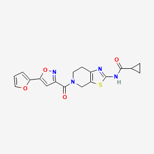 molecular formula C18H16N4O4S B2601611 N-(5-(5-(furan-2-yl)isoxazole-3-carbonyl)-4,5,6,7-tetrahydrothiazolo[5,4-c]pyridin-2-yl)cyclopropanecarboxamide CAS No. 1351591-04-2
