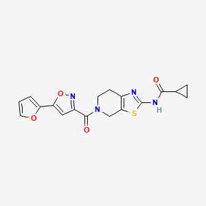 molecular formula C18H16N4O4S B2601611 N-(5-(5-(呋喃-2-基)异恶唑-3-羰基)-4,5,6,7-四氢噻唑并[5,4-c]吡啶-2-基)环丙烷甲酰胺 CAS No. 1351591-04-2