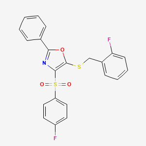 molecular formula C22H15F2NO3S2 B2601644 5-((2-Fluorobenzyl)thio)-4-((4-fluorophenyl)sulfonyl)-2-phenyloxazole CAS No. 850926-10-2