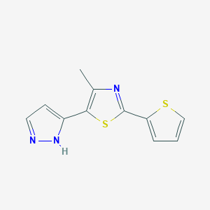 molecular formula C11H9N3S2 B2601695 4-methyl-5-(1H-pyrazol-5-yl)-2-(thiophen-2-yl)-1,3-thiazole CAS No. 263148-06-7