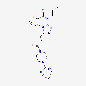 molecular formula C21H24N8O2S B2601741 1-(3-oxo-3-(4-(pyrimidin-2-yl)piperazin-1-yl)propyl)-4-propylthieno[2,3-e][1,2,4]triazolo[4,3-a]pyrimidin-5(4H)-one CAS No. 1185150-92-8