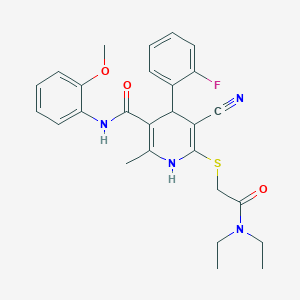 molecular formula C27H29FN4O3S B2601794 5-cyano-6-[2-(diethylamino)-2-oxoethyl]sulfanyl-4-(2-fluorophenyl)-N-(2-methoxyphenyl)-2-methyl-1,4-dihydropyridine-3-carboxamide CAS No. 442557-86-0