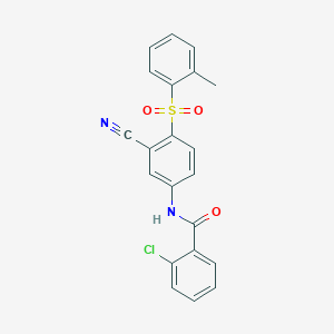molecular formula C21H15ClN2O3S B2601819 2-chloro-N-{3-cyano-4-[(2-methylphenyl)sulfonyl]phenyl}benzenecarboxamide CAS No. 320421-32-7