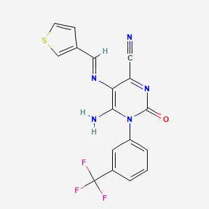 molecular formula C17H10F3N5OS B2601822 6-亚胺-2-氧代-5-{[(E)-3-噻吩基甲基亚胺]氨基}-1-[3-(三氟甲基)苯基]-1,2,3,6-四氢-4-嘧啶碳腈 CAS No. 1048915-54-3