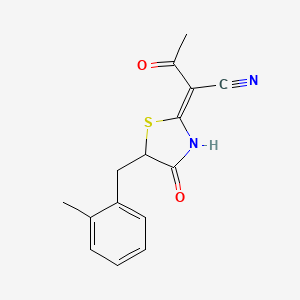 molecular formula C15H14N2O2S B2601826 (Z)-2-(5-(2-methylbenzyl)-4-oxothiazolidin-2-ylidene)-3-oxobutanenitrile CAS No. 799782-86-8