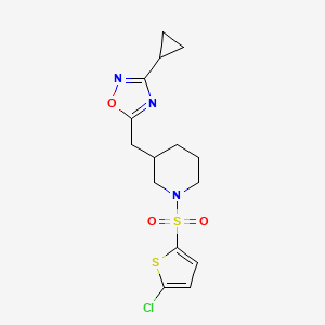 molecular formula C15H18ClN3O3S2 B2601847 5-((1-((5-Chlorothiophen-2-yl)sulfonyl)piperidin-3-yl)methyl)-3-cyclopropyl-1,2,4-oxadiazole CAS No. 1705550-43-1