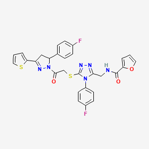 molecular formula C29H22F2N6O3S2 B2601875 N-((4-(4-fluorophenyl)-5-((2-(5-(4-fluorophenyl)-3-(thiophen-2-yl)-4,5-dihydro-1H-pyrazol-1-yl)-2-oxoethyl)thio)-4H-1,2,4-triazol-3-yl)methyl)furan-2-carboxamide CAS No. 393585-95-0