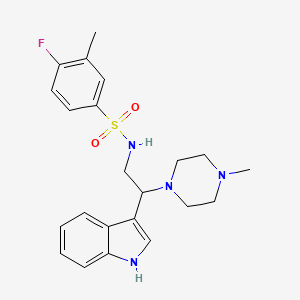 molecular formula C22H27FN4O2S B2601934 4-fluoro-N-[2-(1H-indol-3-yl)-2-(4-methylpiperazin-1-yl)ethyl]-3-methylbenzene-1-sulfonamide CAS No. 2097936-01-9