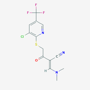 molecular formula C13H11ClF3N3OS B2601947 2-(2-{[3-Chloro-5-(trifluoromethyl)-2-pyridinyl]sulfanyl}acetyl)-3-(dimethylamino)acrylonitrile CAS No. 339106-44-4