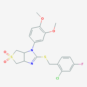 molecular formula C20H20ClFN2O4S2 B260195 2-[(2-chloro-4-fluorobenzyl)sulfanyl]-1-(3,4-dimethoxyphenyl)-3a,4,6,6a-tetrahydro-1H-thieno[3,4-d]imidazole 5,5-dioxide 