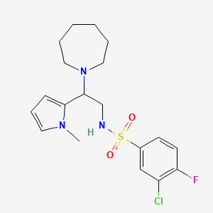 molecular formula C19H25ClFN3O2S B2602013 N-(2-(azepan-1-yl)-2-(1-methyl-1H-pyrrol-2-yl)ethyl)-3-chloro-4-fluorobenzenesulfonamide CAS No. 1049393-52-3