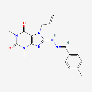 molecular formula C18H20N6O2 B2602016 (E)-7-烯丙基-1,3-二甲基-8-(2-(4-甲基苄叉)-肼基)-1H-嘌呤-2,6(3H,7H)-二酮 CAS No. 377061-51-3