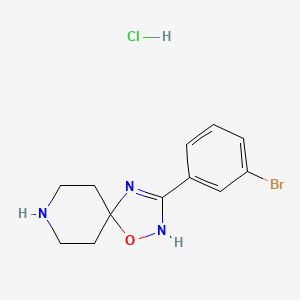 molecular formula C12H15BrClN3O B2602027 3-(3-溴苯基)-1-氧杂-2,4,8-三氮杂螺[4.5]癸-3-烯；盐酸盐 CAS No. 2415554-47-9