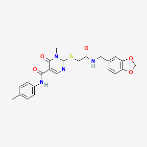 molecular formula C23H22N4O5S B2602140 2-((2-((benzo[d][1,3]dioxol-5-ylmethyl)amino)-2-oxoethyl)thio)-1-methyl-6-oxo-N-(p-tolyl)-1,6-dihydropyrimidine-5-carboxamide CAS No. 894040-17-6