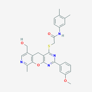 molecular formula C29H28N4O4S B2602147 N-(3,4-dimethylphenyl)-2-((6-(hydroxymethyl)-2-(3-methoxyphenyl)-9-methyl-5H-pyrido[4',3':5,6]pyrano[2,3-d]pyrimidin-4-yl)thio)acetamide CAS No. 892381-08-7