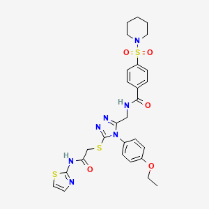 molecular formula C28H31N7O5S3 B2602155 N-((4-(4-ethoxyphenyl)-5-((2-oxo-2-(thiazol-2-ylamino)ethyl)thio)-4H-1,2,4-triazol-3-yl)methyl)-4-(piperidin-1-ylsulfonyl)benzamide CAS No. 310449-77-5