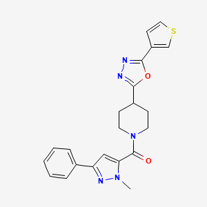 molecular formula C22H21N5O2S B2602203 (1-methyl-3-phenyl-1H-pyrazol-5-yl)(4-(5-(thiophen-3-yl)-1,3,4-oxadiazol-2-yl)piperidin-1-yl)methanone CAS No. 1448046-46-5