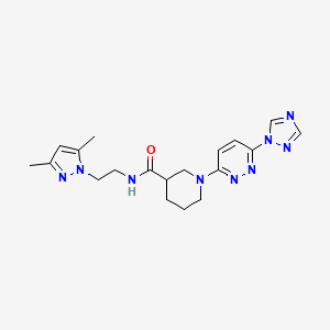 molecular formula C19H25N9O B2602224 1-(6-(1H-1,2,4-三唑-1-基)吡啶并哒嗪-3-基)-N-(2-(3,5-二甲基-1H-吡唑-1-基)乙基)哌啶-3-甲酰胺 CAS No. 1797092-52-4