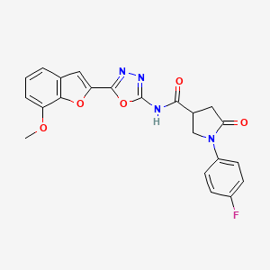 molecular formula C22H17FN4O5 B2602239 1-(4-fluorophenyl)-N-(5-(7-methoxybenzofuran-2-yl)-1,3,4-oxadiazol-2-yl)-5-oxopyrrolidine-3-carboxamide CAS No. 1171977-35-7