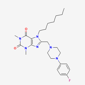 molecular formula C25H35FN6O2 B2602260 8-((4-(4-fluorophenyl)piperazin-1-yl)methyl)-7-heptyl-1,3-dimethyl-1H-purine-2,6(3H,7H)-dione CAS No. 851942-32-0