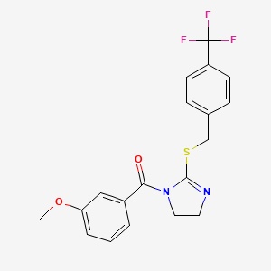 molecular formula C19H17F3N2O2S B2602344 (3-Methoxyphenyl)-[2-[[4-(trifluoromethyl)phenyl]methylsulfanyl]-4,5-dihydroimidazol-1-yl]methanone CAS No. 851806-00-3