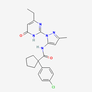 molecular formula C22H24ClN5O2 B2602469 1-(4-chlorophenyl)-N-(1-(4-ethyl-6-oxo-1,6-dihydropyrimidin-2-yl)-3-methyl-1H-pyrazol-5-yl)cyclopentanecarboxamide CAS No. 1005715-41-2