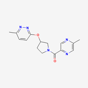 molecular formula C15H17N5O2 B2602484 (5-Methylpyrazin-2-yl)(3-((6-methylpyridazin-3-yl)oxy)pyrrolidin-1-yl)methanone CAS No. 2034444-76-1