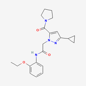 molecular formula C21H26N4O3 B2602510 2-[3-cyclopropyl-5-(1-pyrrolidinylcarbonyl)-1H-pyrazol-1-yl]-N~1~-(2-ethoxyphenyl)acetamide CAS No. 1251671-59-6