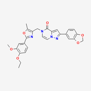 molecular formula C27H24N4O6 B2602550 2-(benzo[d][1,3]dioxol-5-yl)-5-((2-(4-ethoxy-3-methoxyphenyl)-5-methyloxazol-4-yl)methyl)pyrazolo[1,5-a]pyrazin-4(5H)-one CAS No. 1276342-84-7