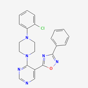 molecular formula C22H19ClN6O B2602557 5-[4-[4-(2-Chlorophenyl)piperazin-1-yl]pyrimidin-5-yl]-3-phenyl-1,2,4-oxadiazole CAS No. 2380186-82-1