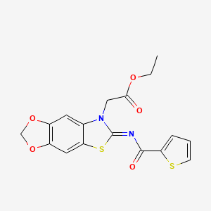 molecular formula C17H14N2O5S2 B2602568 (Z)-ethyl 2-(6-((thiophene-2-carbonyl)imino)-[1,3]dioxolo[4',5':4,5]benzo[1,2-d]thiazol-7(6H)-yl)acetate CAS No. 905661-37-2