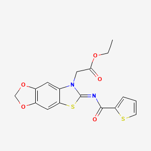 molecular formula C17H14N2O5S2 B2602568 (Z)-乙基 2-(6-((噻吩-2-羰基)亚氨基)-[1,3]二氧杂环[4',5':4,5]苯并[1,2-d]噻唑-7(6H)-基)乙酸酯 CAS No. 905661-37-2