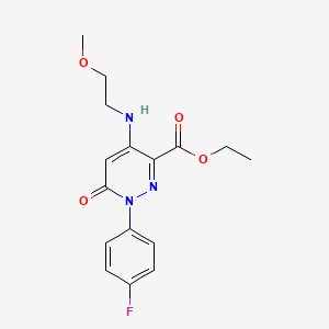 molecular formula C16H18FN3O4 B2602637 Ethyl 1-(4-fluorophenyl)-4-((2-methoxyethyl)amino)-6-oxo-1,6-dihydropyridazine-3-carboxylate CAS No. 922016-37-3