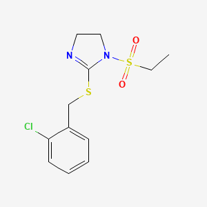 molecular formula C12H15ClN2O2S2 B2602679 2-[(2-Chlorophenyl)methylsulfanyl]-1-ethylsulfonyl-4,5-dihydroimidazole CAS No. 868217-76-9