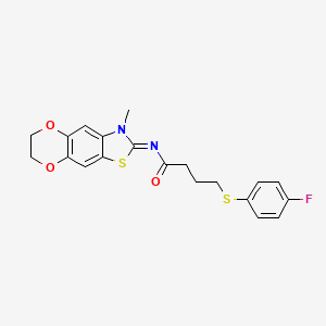 molecular formula C20H19FN2O3S2 B2602690 (E)-4-((4-fluorophenyl)thio)-N-(3-methyl-6,7-dihydro-[1,4]dioxino[2',3':4,5]benzo[1,2-d]thiazol-2(3H)-ylidene)butanamide CAS No. 1007295-35-3