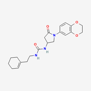 molecular formula C21H27N3O4 B2602708 1-(2-(Cyclohex-1-en-1-yl)ethyl)-3-(1-(2,3-dihydrobenzo[b][1,4]dioxin-6-yl)-5-oxopyrrolidin-3-yl)urea CAS No. 894038-10-9