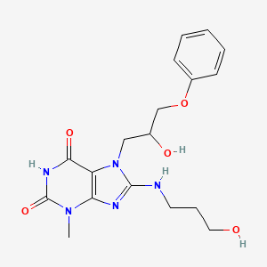 molecular formula C18H23N5O5 B2602734 7-(2-羟基-3-苯氧基丙基)-8-((3-羟基丙基)氨基)-3-甲基-1H-嘌呤-2,6(3H,7H)-二酮 CAS No. 300586-22-5
