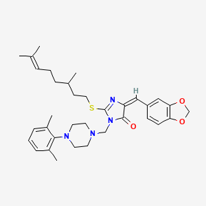 molecular formula C34H44N4O3S B2602766 5-(1,3-benzodioxol-5-ylmethylene)-2-[(3,7-dimethyl-6-octenyl)sulfanyl]-3-{[4-(2,6-dimethylphenyl)piperazino]methyl}-3,5-dihydro-4H-imidazol-4-one CAS No. 865659-83-2