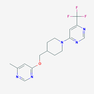 molecular formula C16H18F3N5O B2602799 4-Methyl-6-((1-(6-(trifluoromethyl)pyrimidin-4-yl)piperidin-4-yl)methoxy)pyrimidine CAS No. 2309710-23-2