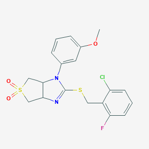 molecular formula C19H18ClFN2O3S2 B260288 3-{2-[(2-chloro-6-fluorobenzyl)sulfanyl]-5,5-dioxido-3a,4,6,6a-tetrahydro-1H-thieno[3,4-d]imidazol-1-yl}phenyl methyl ether 