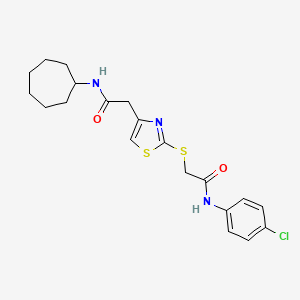 molecular formula C20H24ClN3O2S2 B2602992 N-(4-chlorophenyl)-2-((4-(2-(cycloheptylamino)-2-oxoethyl)thiazol-2-yl)thio)acetamide CAS No. 954017-99-3