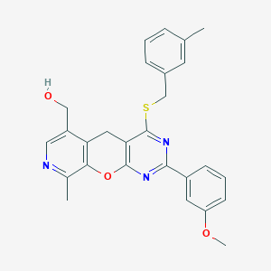 molecular formula C27H25N3O3S B2603023 [5-(3-Methoxyphenyl)-14-methyl-7-{[(3-methylphenyl)methyl]sulfanyl}-2-oxa-4,6,13-triazatricyclo[8.4.0.0^{3,8}]tetradeca-1(10),3(8),4,6,11,13-hexaen-11-yl]methanol CAS No. 892414-98-1