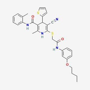 molecular formula C31H32N4O3S2 B2603165 6-({2-[(3-butoxyphenyl)amino]-2-oxoethyl}sulfanyl)-5-cyano-2-methyl-N-(2-methylphenyl)-4-(thiophen-2-yl)-1,4-dihydropyridine-3-carboxamide CAS No. 401814-13-9