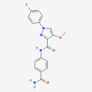 molecular formula C18H15FN4O3 B2603174 N-(4-氨基甲酰苯基)-1-(4-氟苯基)-4-甲氧基-1H-吡唑-3-甲酰胺 CAS No. 1172901-97-1
