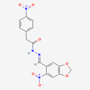 molecular formula C16H12N4O7 B2603182 (E)-N'-((6-nitrobenzo[d][1,3]dioxol-5-yl)methylene)-2-(4-nitrophenyl)acetohydrazide CAS No. 357422-20-9